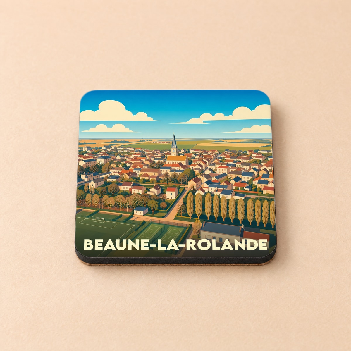 Dessous de verre souvenir de la ville de Beaune-la-Rolande avec une illustration panoramique stylisée.