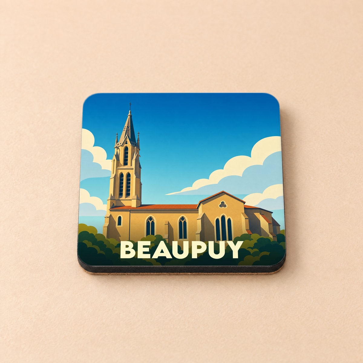 Dessous de verre souvenir de la ville de Beaupuy avec une illustration stylisée de son église sous un ciel bleu.