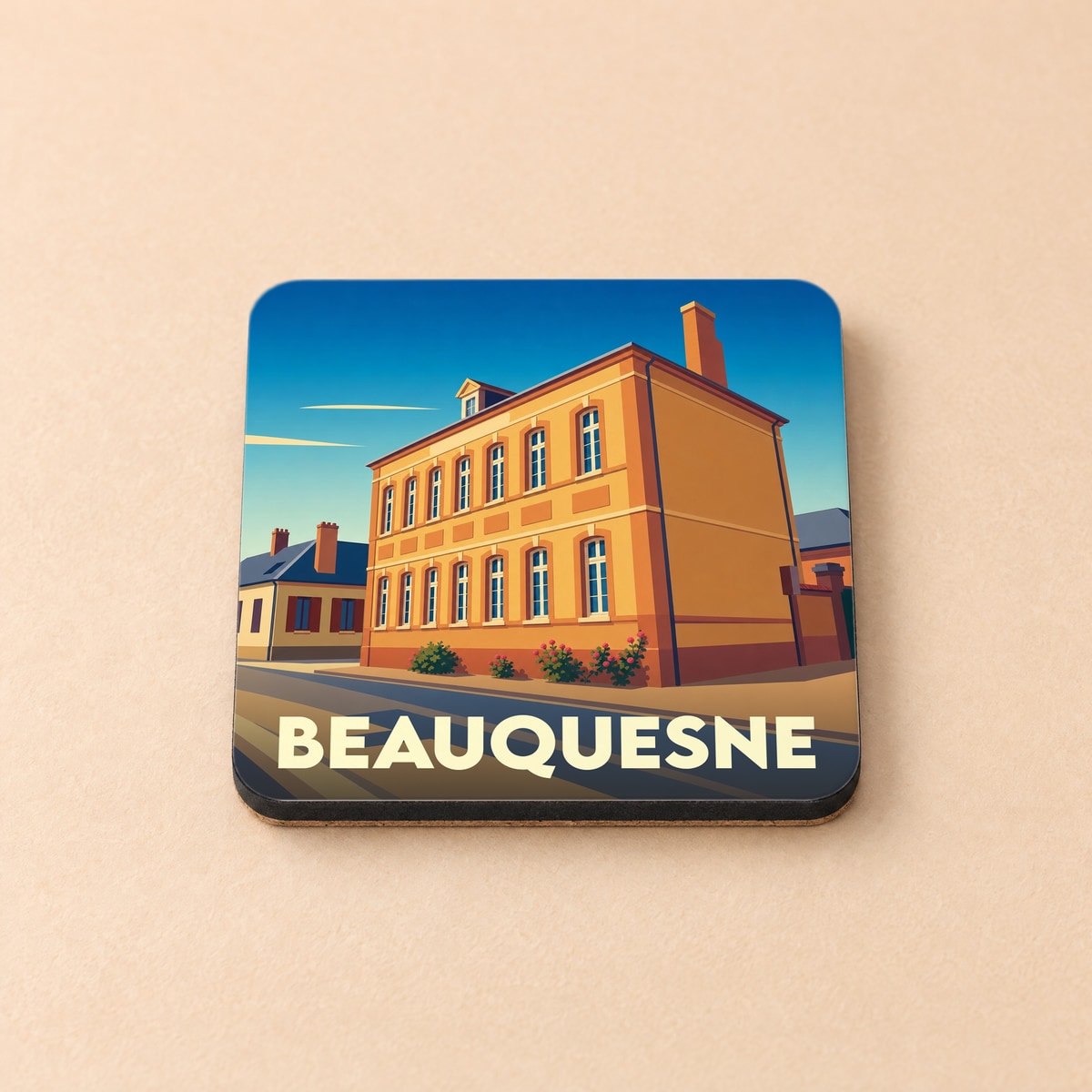 Dessous de verre souvenir de la ville de Beauquesne avec une illustration stylisée d'un bâtiment historique.
