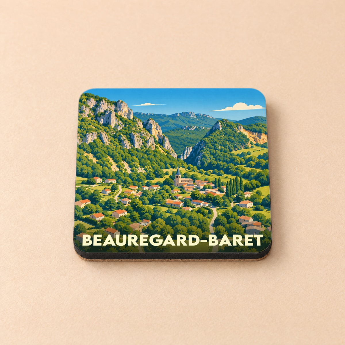 Dessous de verre souvenir de la ville de Beauregard-Baret avec une illustration de paysage de montagne stylisée.