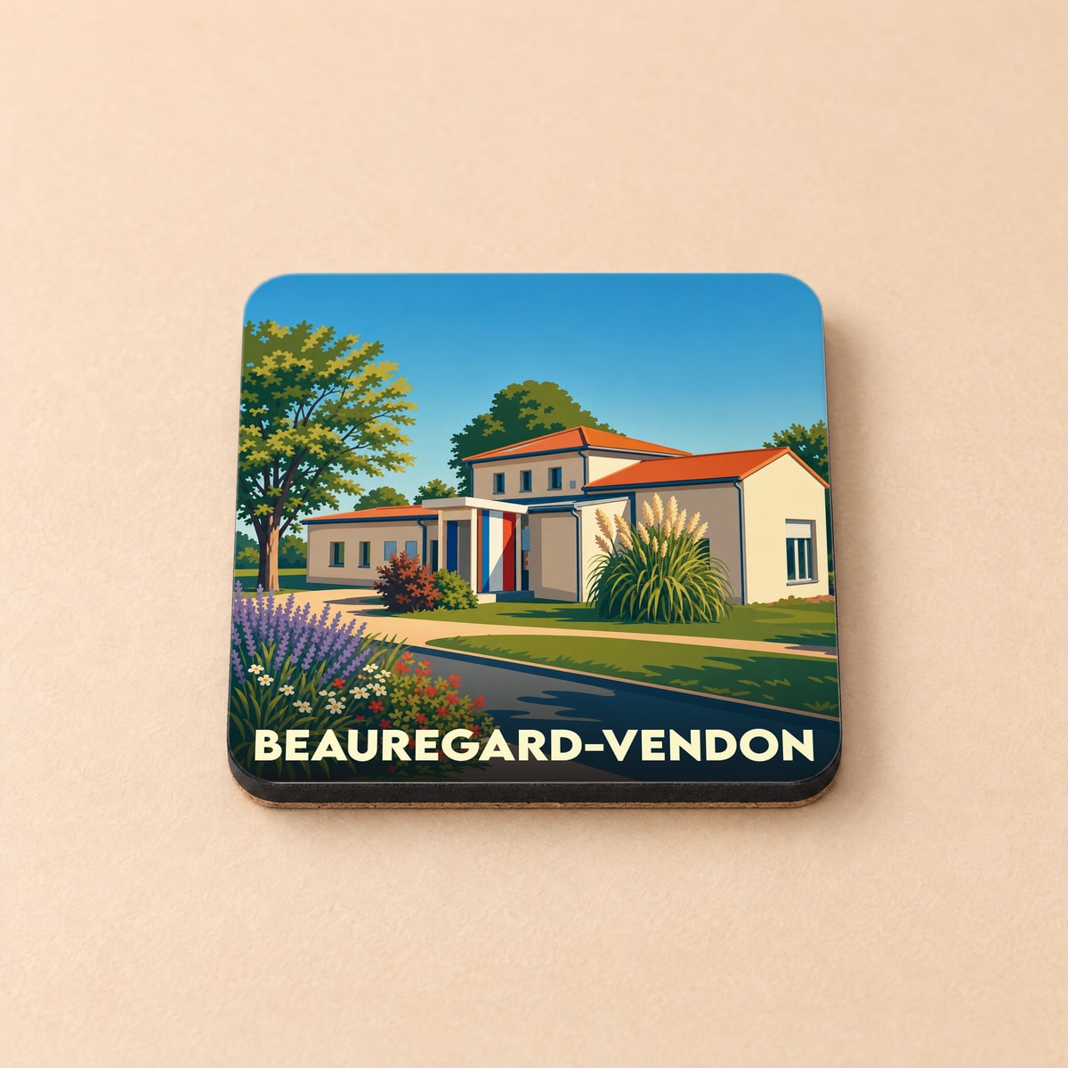 Dessous de verre souvenir de la ville de Beauregard-Vendon avec une illustration stylisée de la mairie.