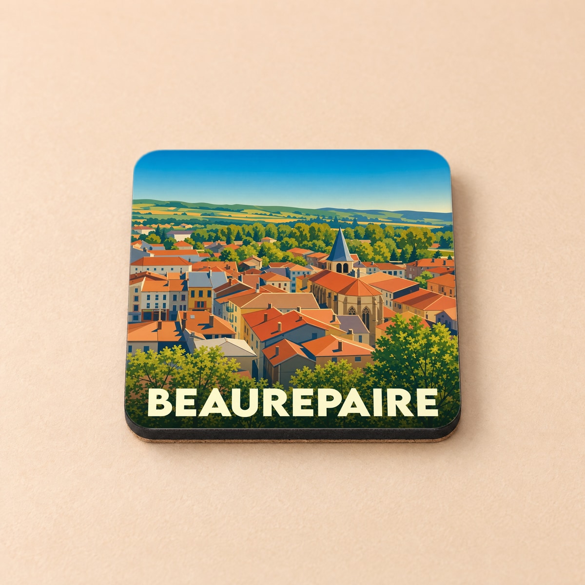 Dessous de verre souvenir de la ville de Beaurepaire illustré d'un paysage urbain coloré et stylisé.