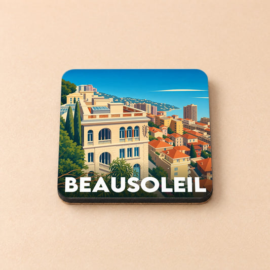 Dessous de verre souvenir de la ville de Beausoleil avec une illustration stylisée de ses façades colorées surplombant la mer.