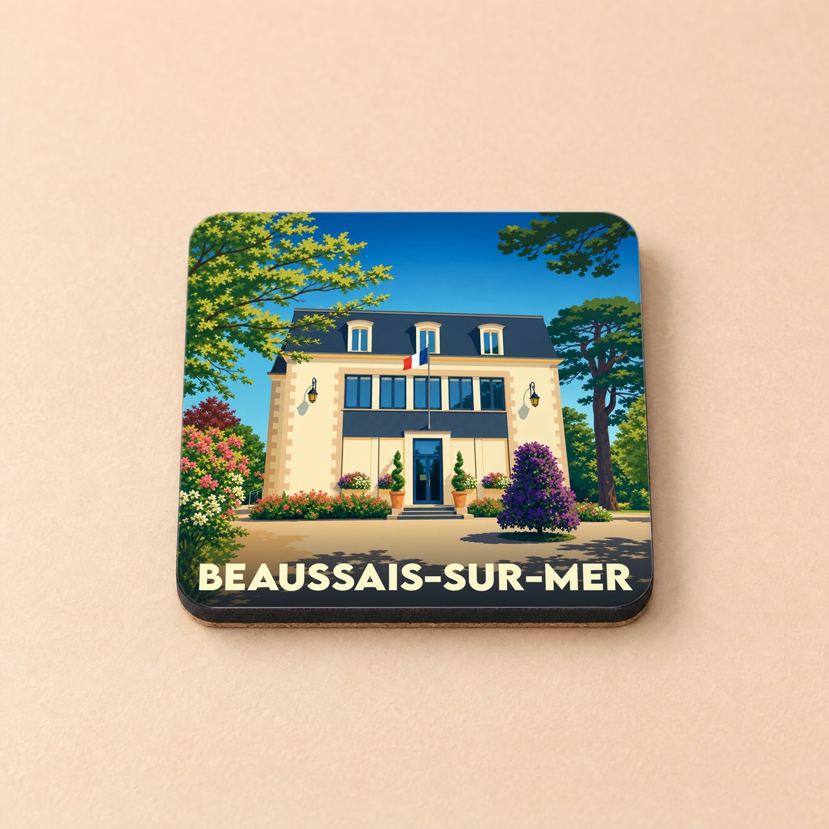 Dessous de verre souvenir de la ville de Beaussais-sur-Mer avec une illustration stylisée d'une demeure bourgeoise fleurie.