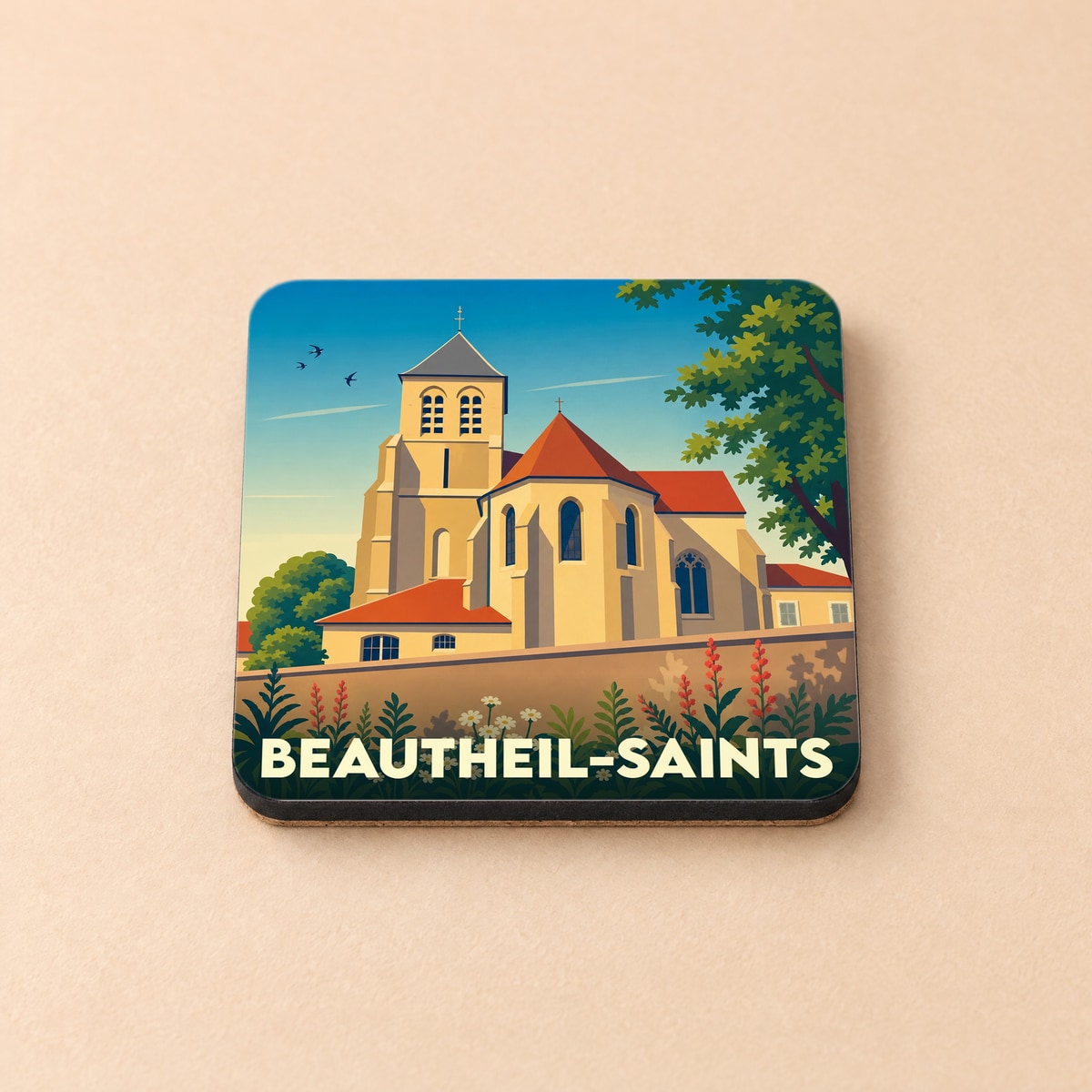 Dessous de verre souvenir de la ville de Beautheil-Saints avec une illustration stylisée de son église.