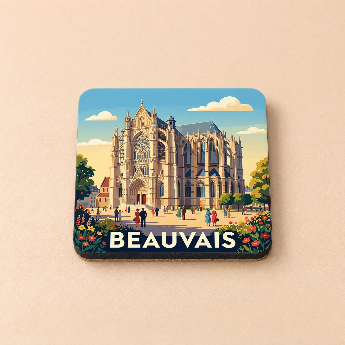 Dessous de verre souvenir de la ville de Beauvais illustrant sa cathédrale dans un style rétro et coloré.