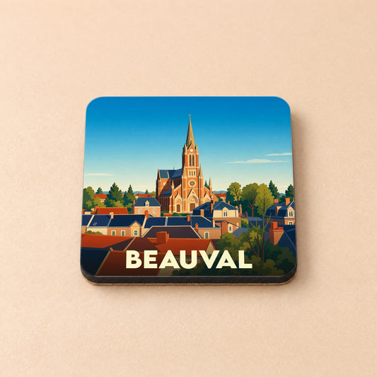 Dessous de verre souvenir de la ville de Beauval avec une illustration stylisée de son église et de ses toits.