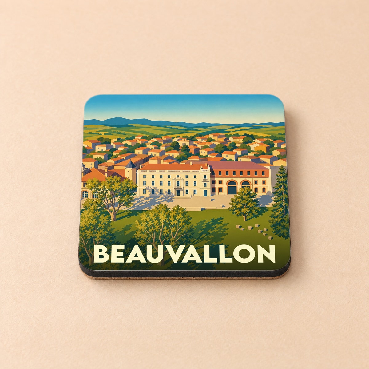 Dessous de verre souvenir de la ville de Beauvallon avec une illustration stylisée.