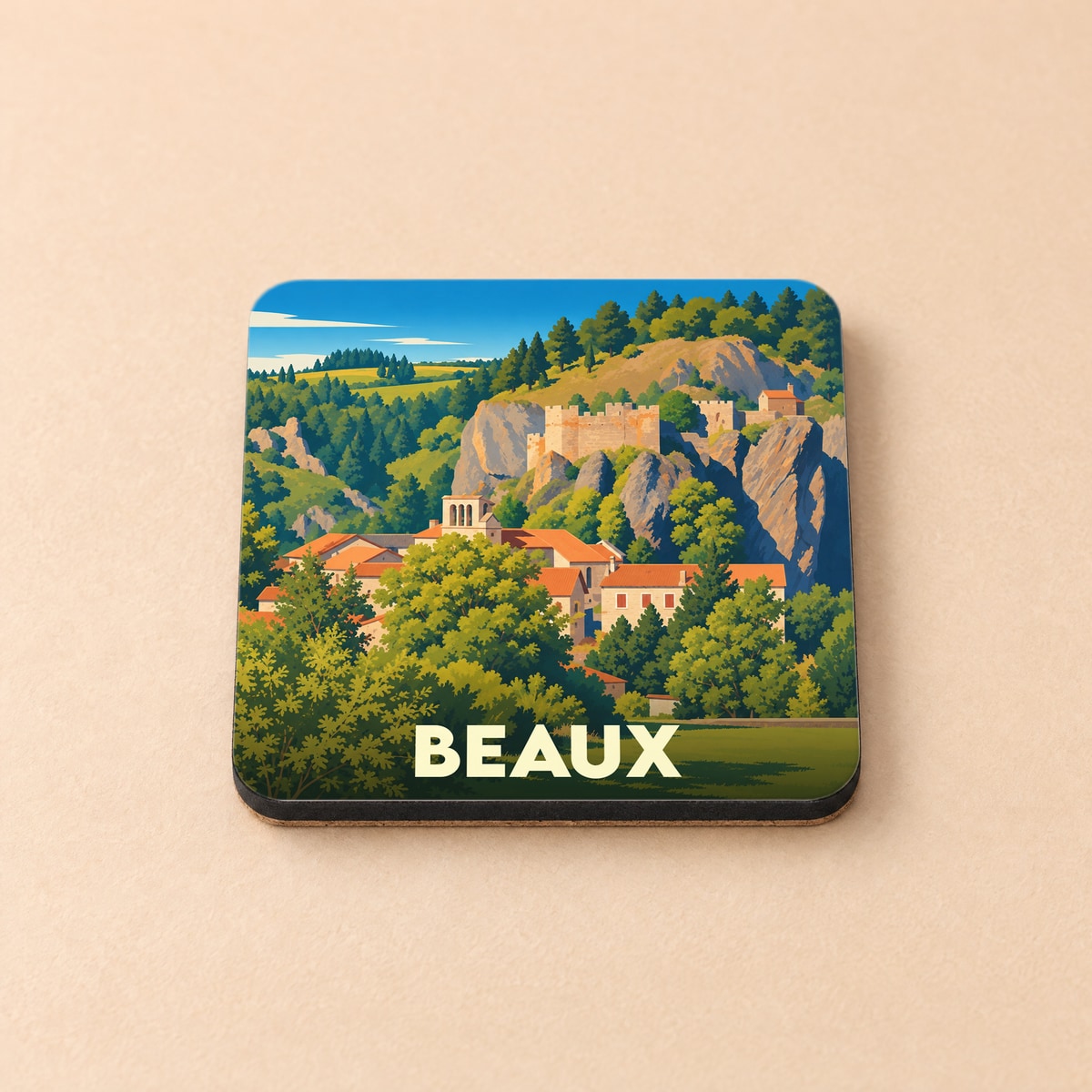 Dessous de verre souvenir de la ville de Beaux avec une illustration stylisée d'un village médiéval perché.