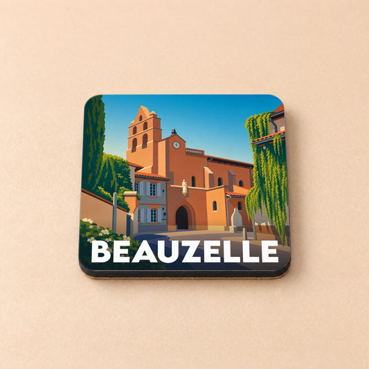 Dessous de verre souvenir de la ville de Beauzelle avec une illustration stylisée de son église.