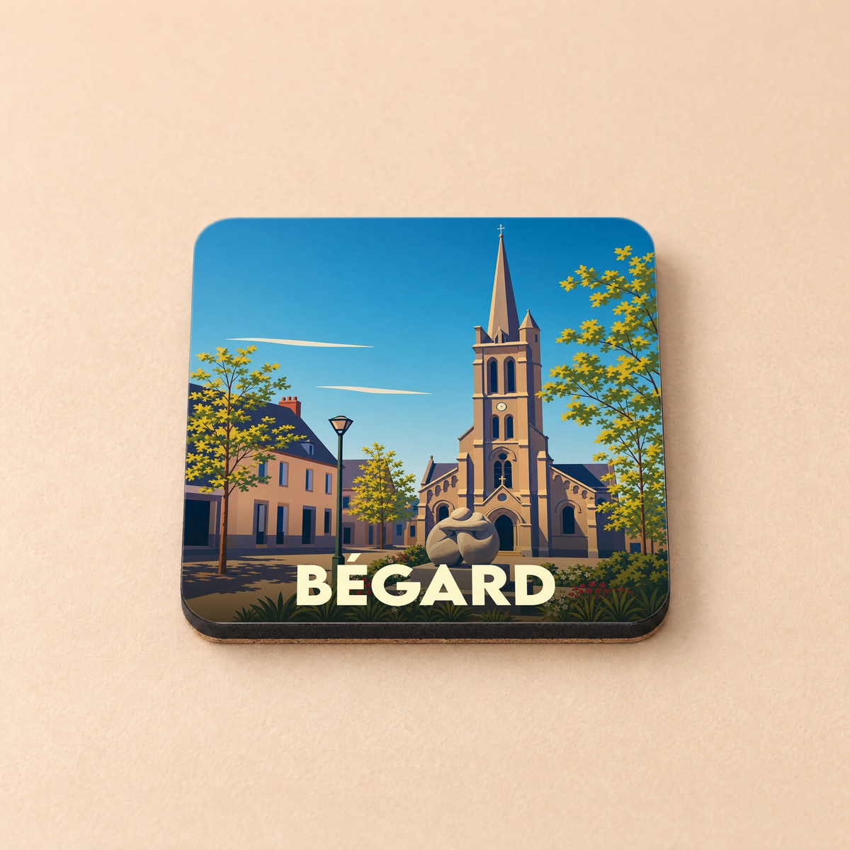 Dessous de verre souvenir de la ville de Bégard avec une illustration stylisée de son église.