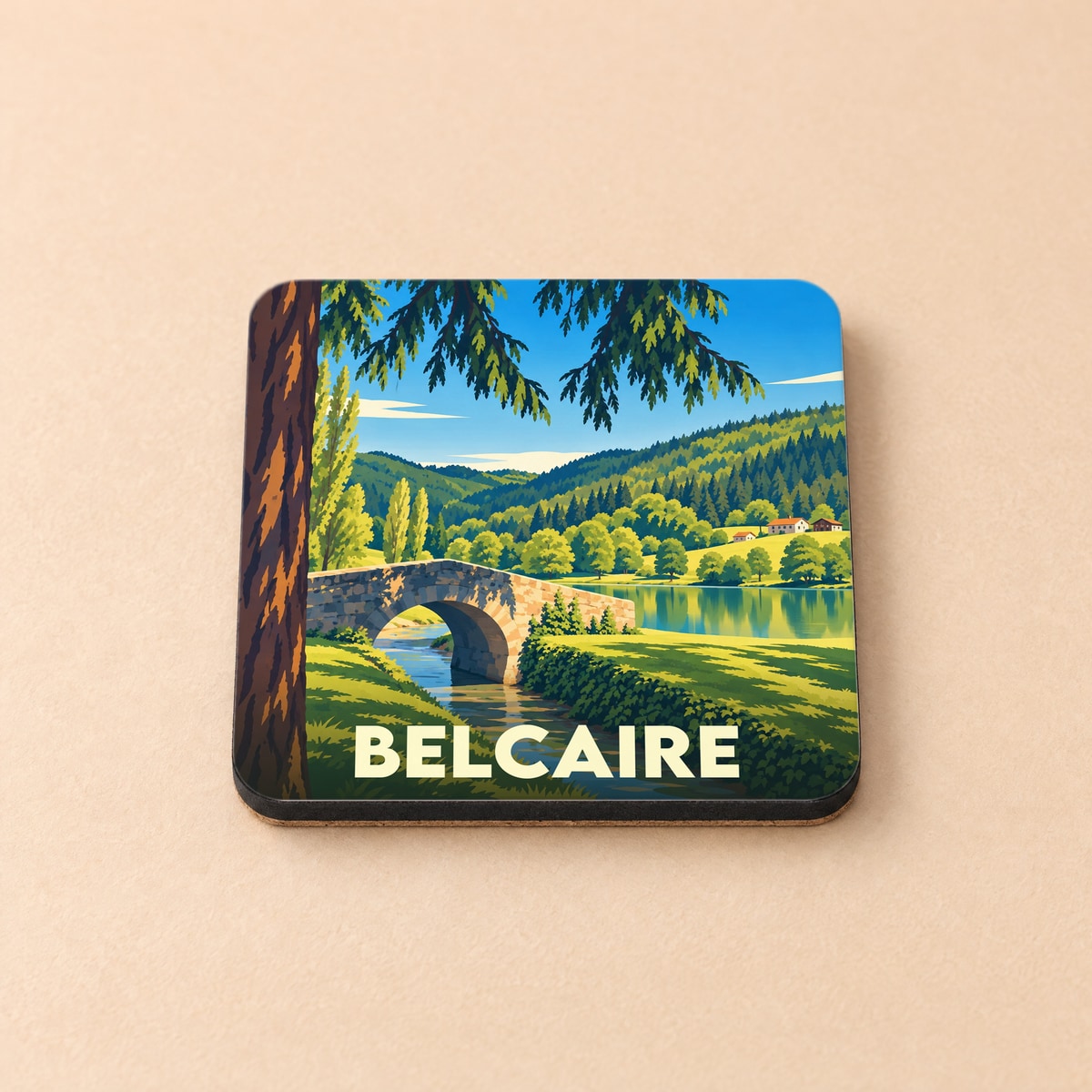 Dessous de verre souvenir de la ville de Belcaire avec une illustration stylisée de son paysage champêtre.