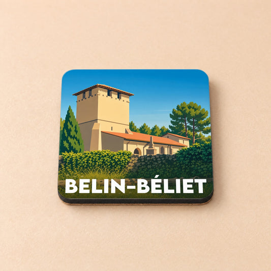 Dessous de verre souvenir de la ville de Belin-Béliet avec une illustration stylisée d'un monument historique.