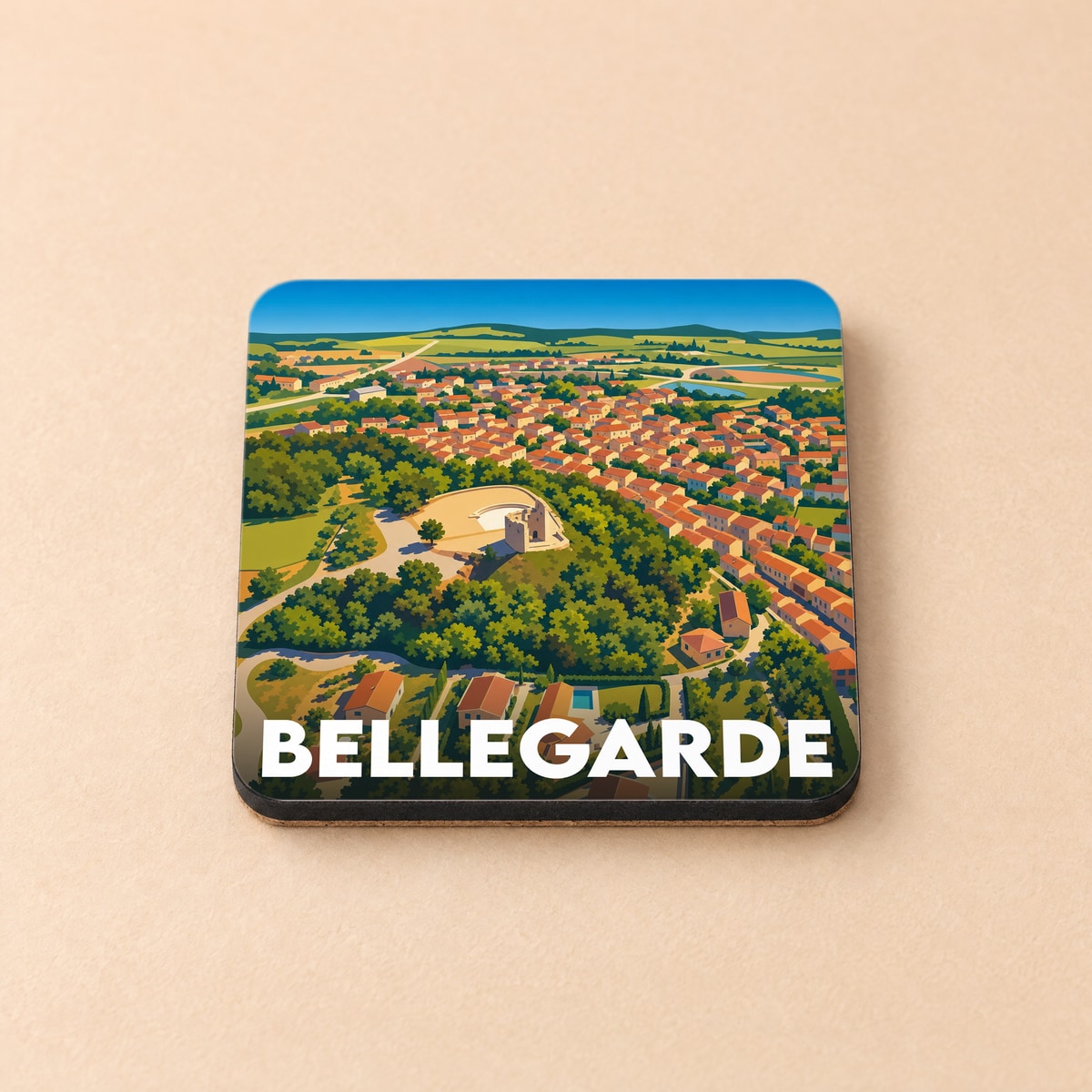 Dessous de verre souvenir de la ville de Bellegarde avec une illustration stylisée vue du ciel.