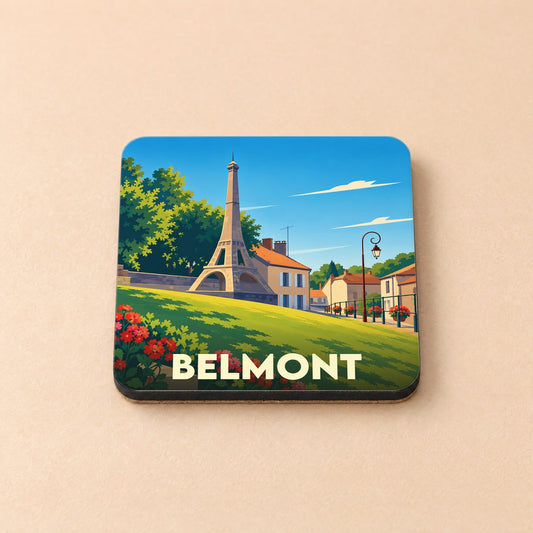 Dessous de verre souvenir de la ville de Belmont avec une illustration stylisée de style affiche de voyage.