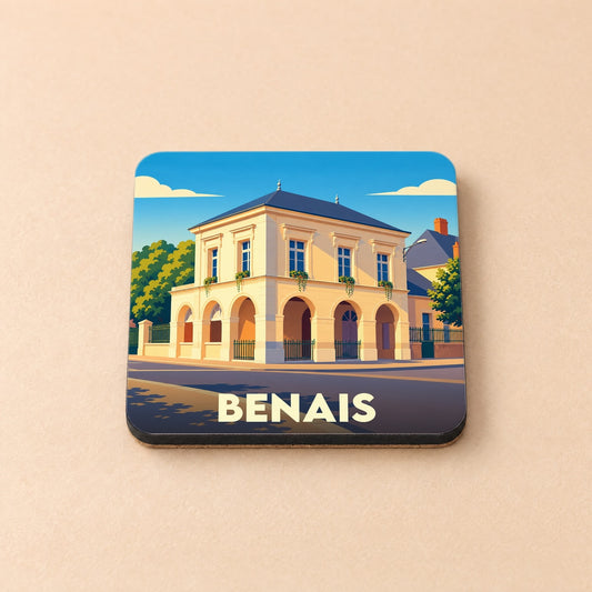 Dessous de verre souvenir de la ville de Benais avec une illustration stylisée de son architecture.