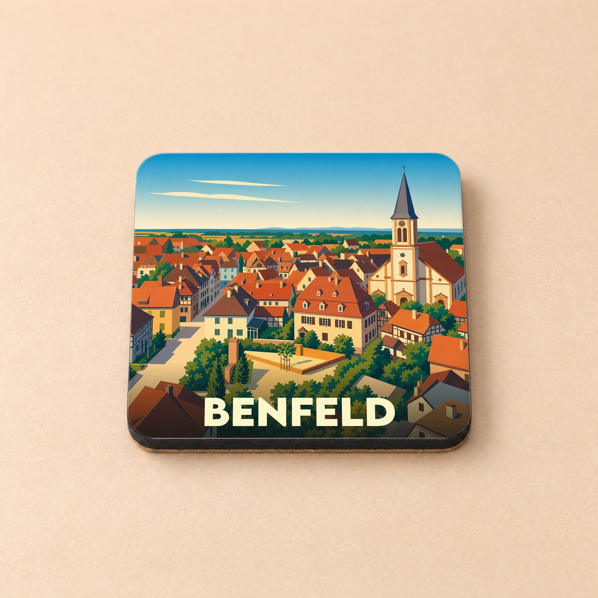 Dessous de verre souvenir de la ville de Benfeld avec une illustration stylisée.
