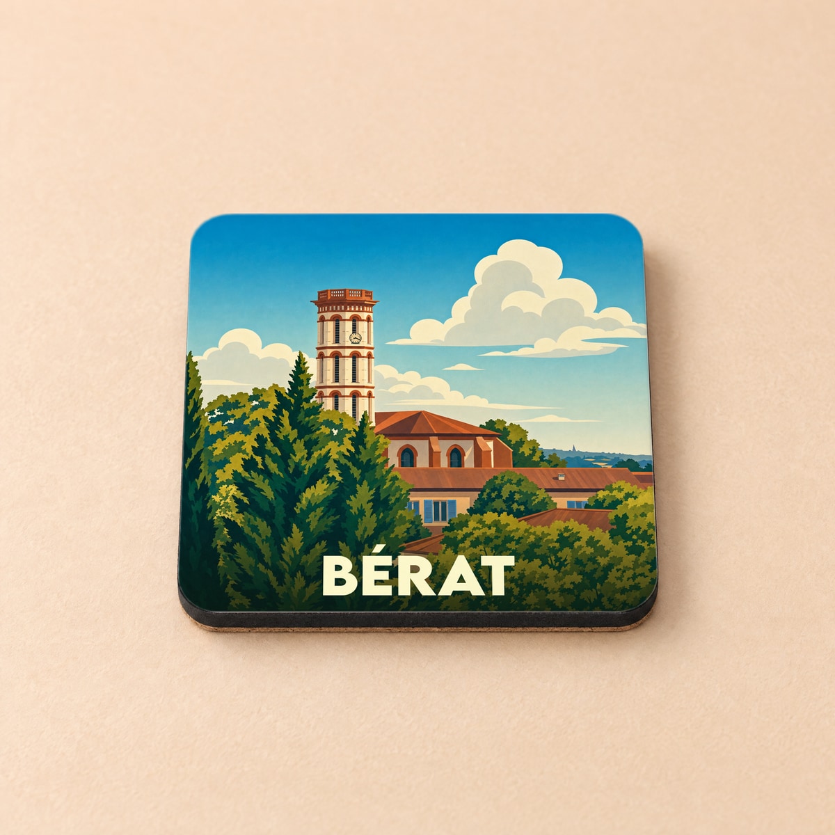Dessous de verre souvenir de la ville de Bérat avec une illustration stylisée de son église et de sa tour.
