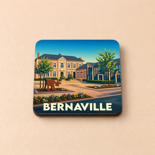 Dessous de verre souvenir de la ville de Bernaville avec une illustration stylisée de son hôtel de ville.