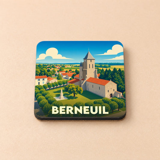 Dessous de verre souvenir de la ville de Berneuil illustré par une vue stylisée de son église et de son paysage champêtre.