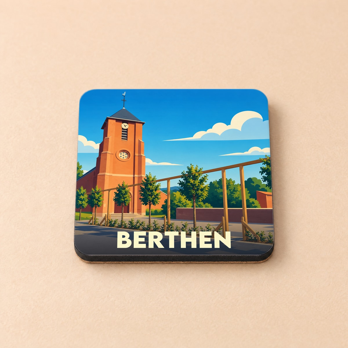 Dessous de verre souvenir de la ville de Berthen avec une illustration stylisée de son église sous un ciel bleu.