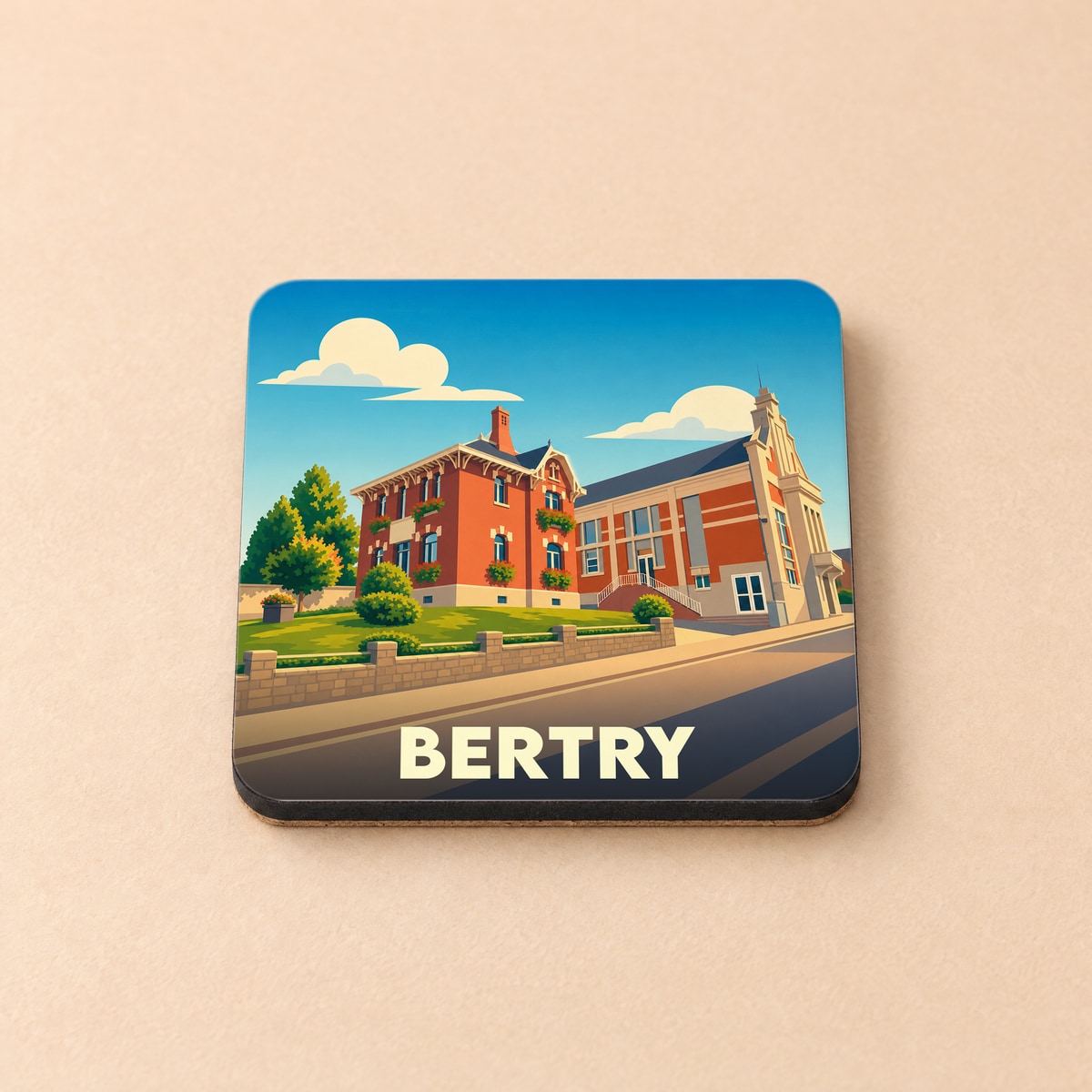 Dessous de verre souvenir de la ville de Bertry avec une illustration stylisée d'un bâtiment en briques rouges.
