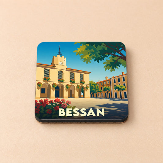 Dessous de verre souvenir de la ville de Bessan avec une illustration stylisée de sa mairie.