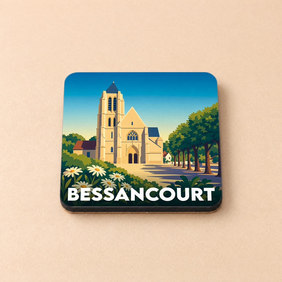 Dessous de verre souvenir de la ville de Bessancourt avec une illustration stylisée de son église et de fleurs.