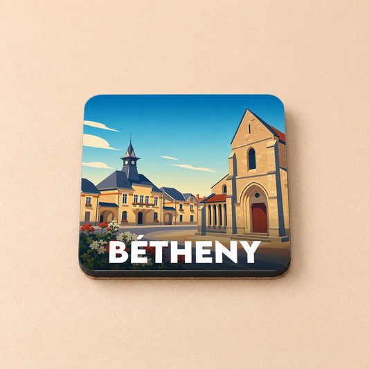 Dessous de verre souvenir de la ville de Bétheny avec une illustration stylisée de son architecture locale.