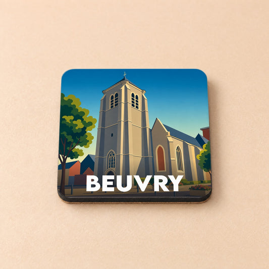 Dessous de verre souvenir de la ville de Beuvry avec une illustration stylisée de son église.