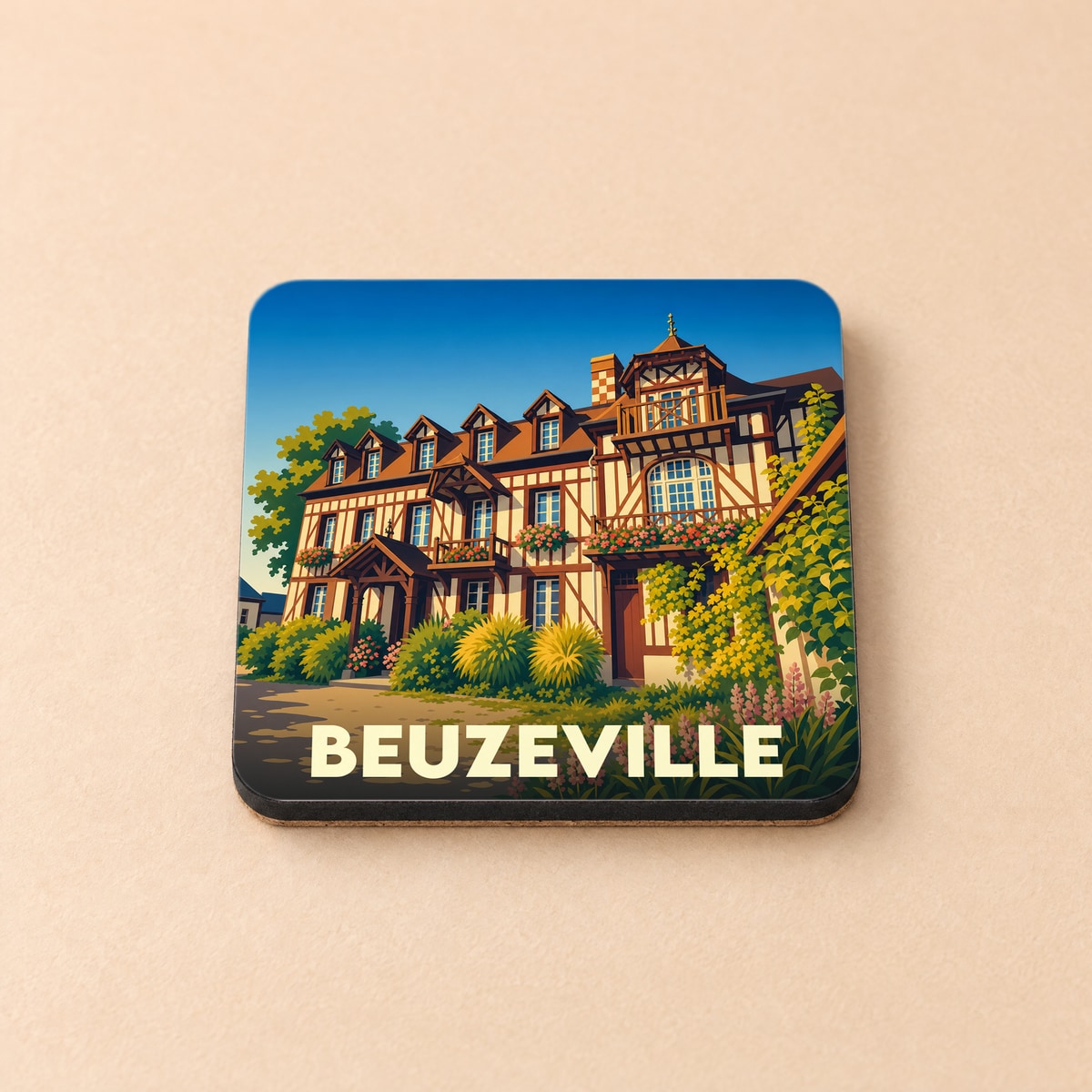 Dessous de verre souvenir de la ville de Beuzeville avec une illustration stylisée d'une maison normande à colombages.