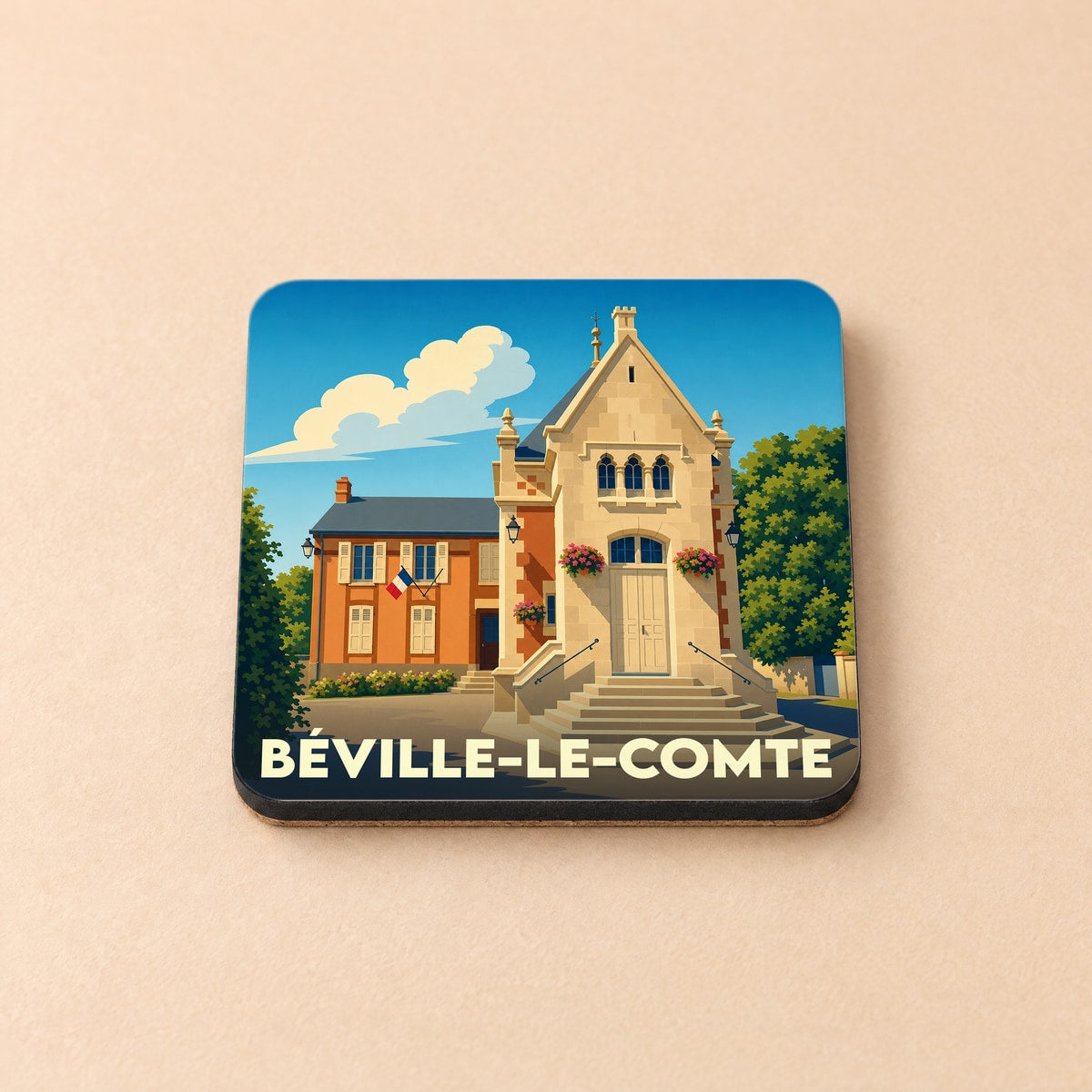 Dessous de verre souvenir de la ville de Béville-le-Comte avec une illustration stylisée de sa mairie.