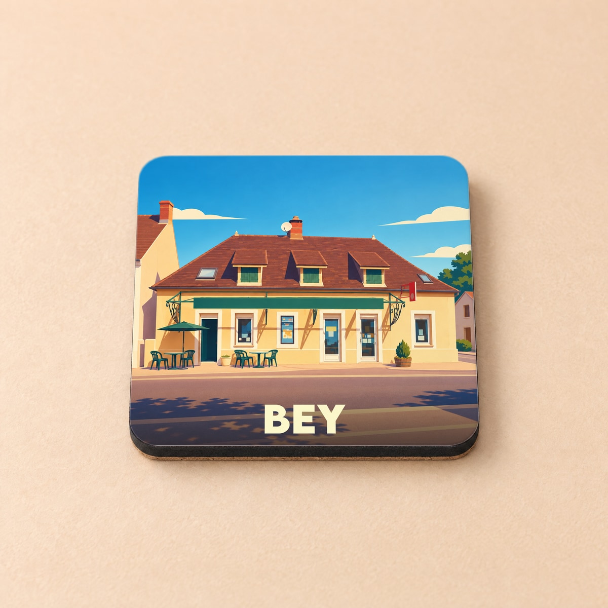 Dessous de verre souvenir de la ville de Bey avec une illustration stylisée.
