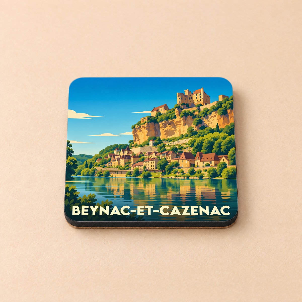 Dessous de verre souvenir de la ville de Beynac-et-Cazenac avec une illustration stylisée.