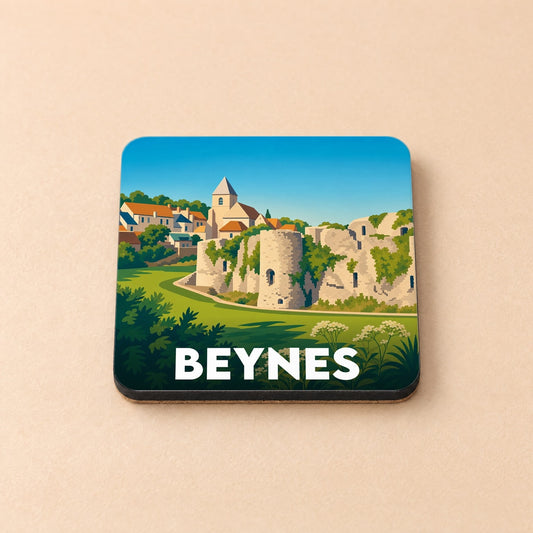 Dessous de verre souvenir de la ville de Beynes avec une illustration stylisée de son château et de son église.
