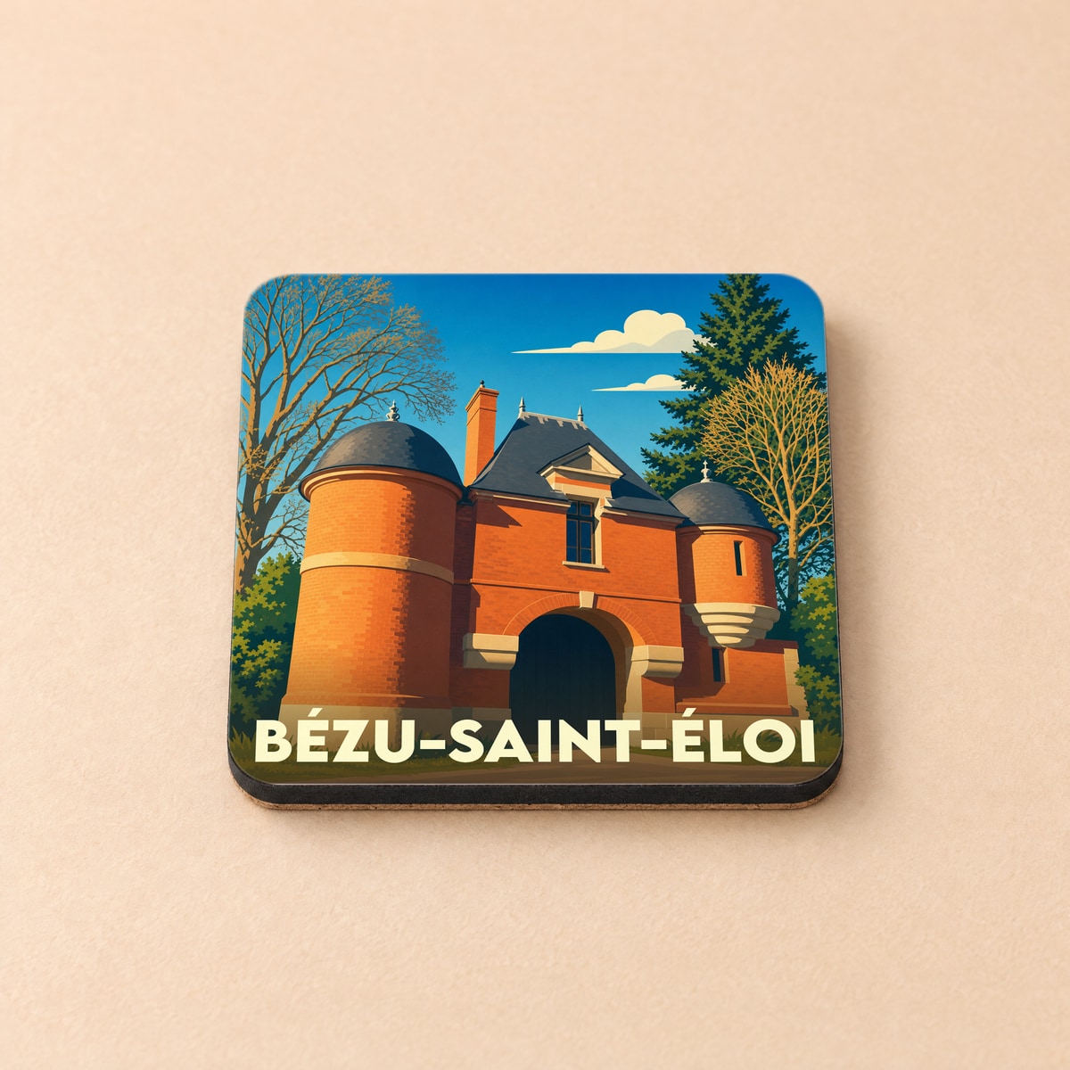 Dessous de verre souvenir de la ville de Bézu-Saint-Éloi avec une illustration stylisée d'un bâtiment historique en briques.