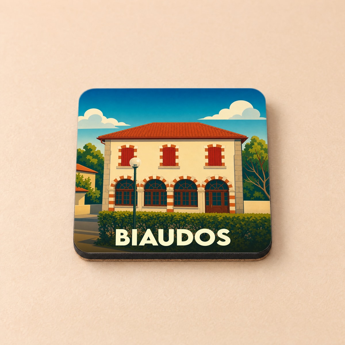 Dessous de verre souvenir de la ville de Biaudos avec une illustration stylisée d'un bâtiment traditionnel.