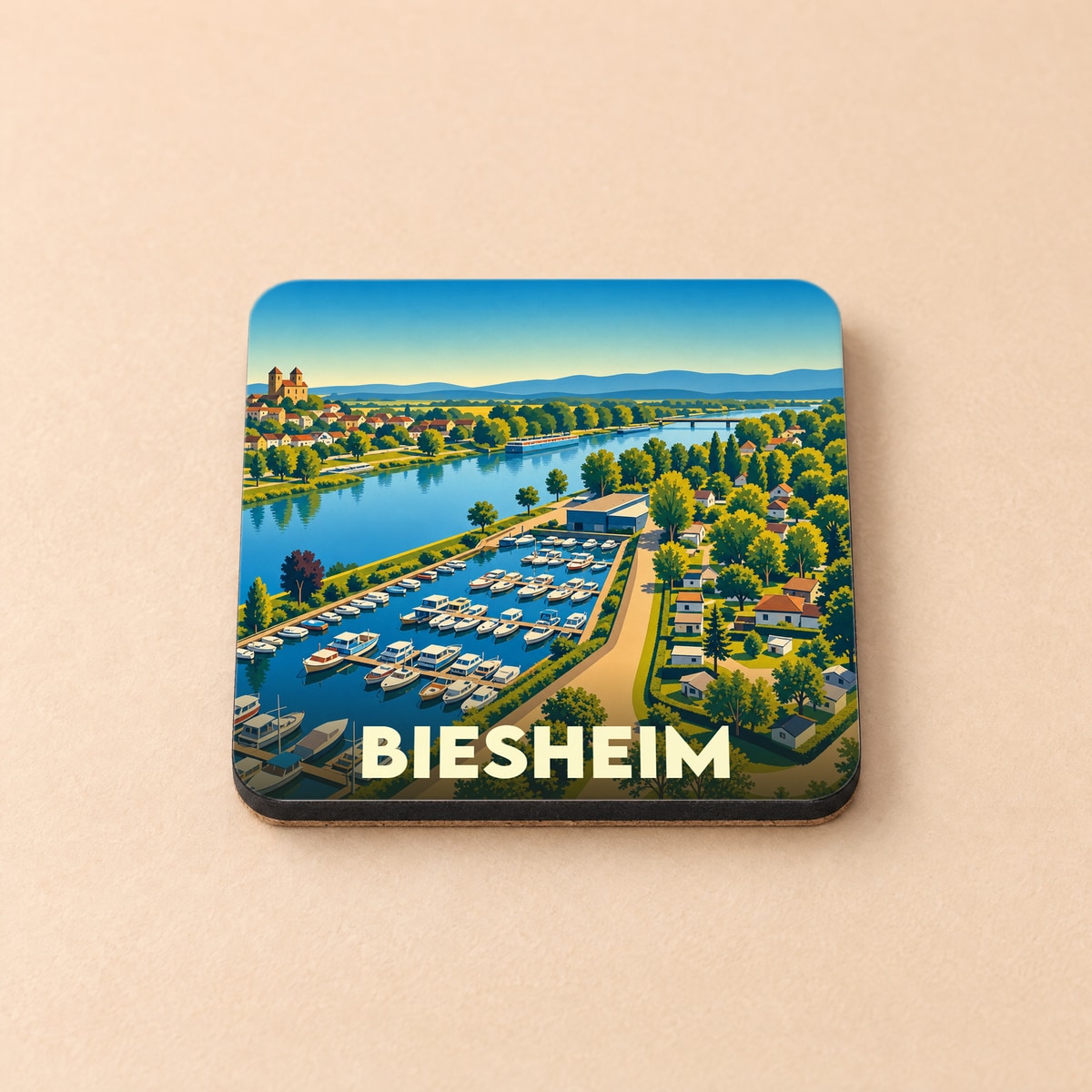 Dessous de verre souvenir de la ville de Biesheim avec une illustration stylisée de son port de plaisance.