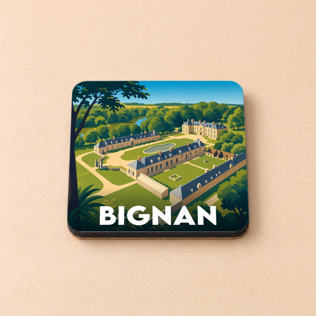 Dessous de verre souvenir de la ville de Bignan avec une illustration stylisée d'un domaine historique.
