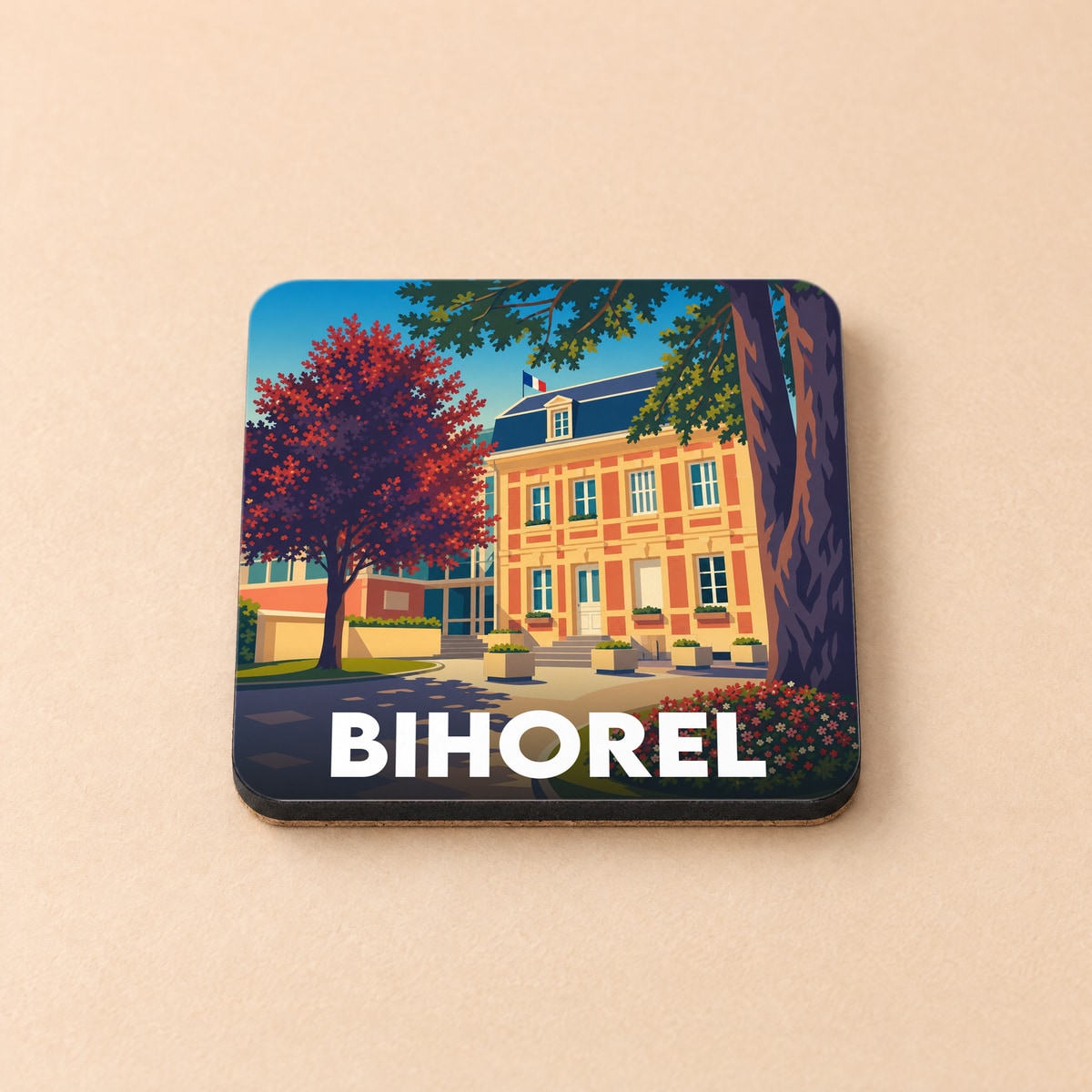 Dessous de verre souvenir de la ville de Bihorel avec une illustration stylisée de l'hôtel de ville.