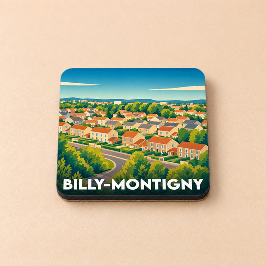 Dessous de verre souvenir de la ville de Billy-Montigny avec une illustration stylisée d'un paysage urbain.