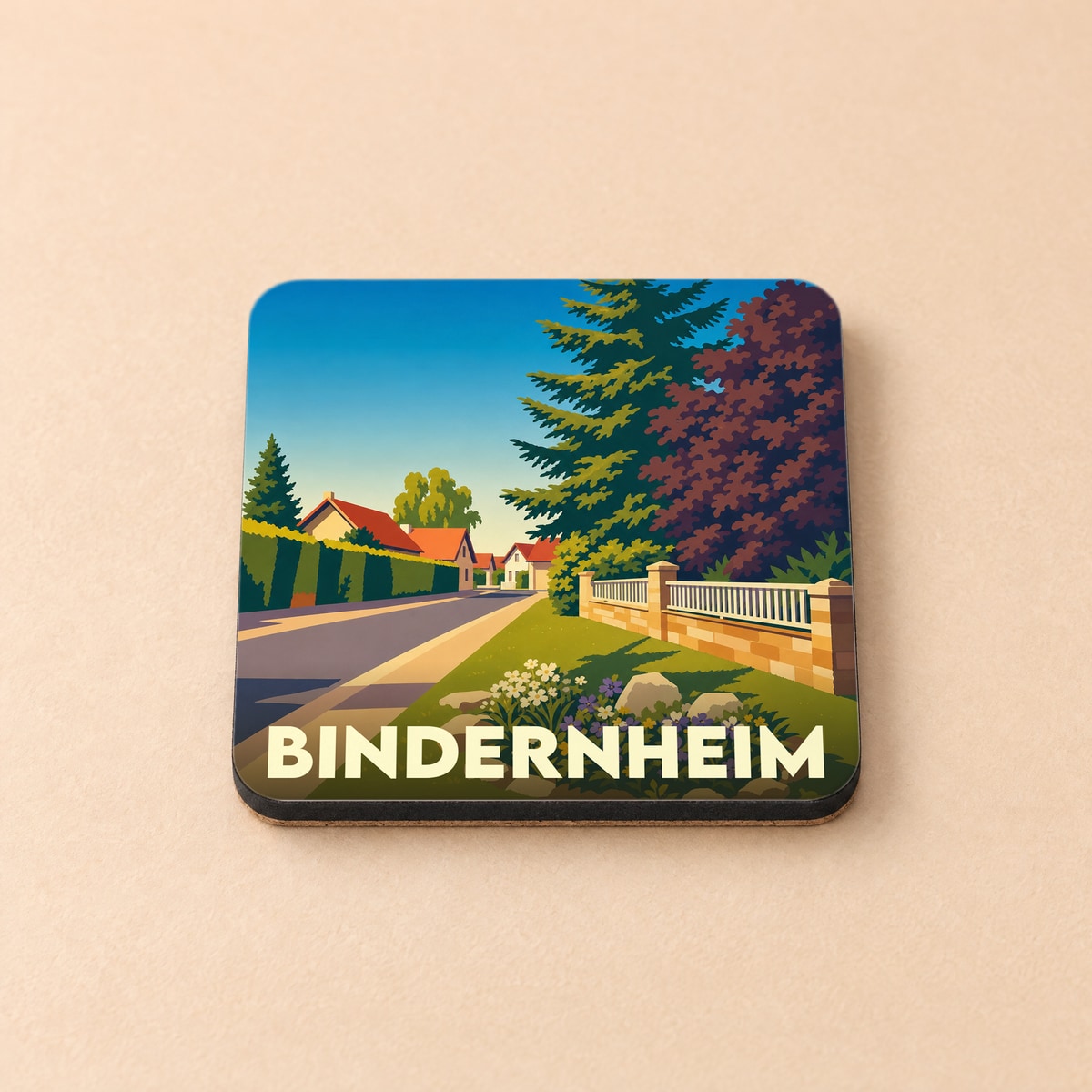 Dessous de verre souvenir de la ville de Bindernheim avec une illustration paysagère stylisée.