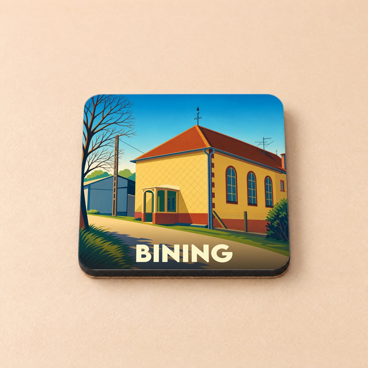 Dessous de verre souvenir de la ville de Bining avec une illustration stylisée.