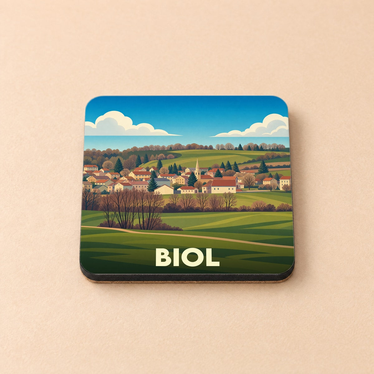 Dessous de verre souvenir de la ville de Biol avec une illustration paysagère stylisée.