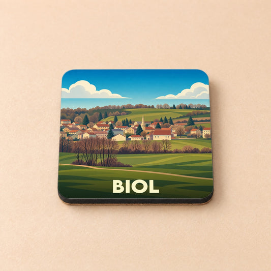 Dessous de verre souvenir de la ville de Biol avec une illustration paysagère stylisée.