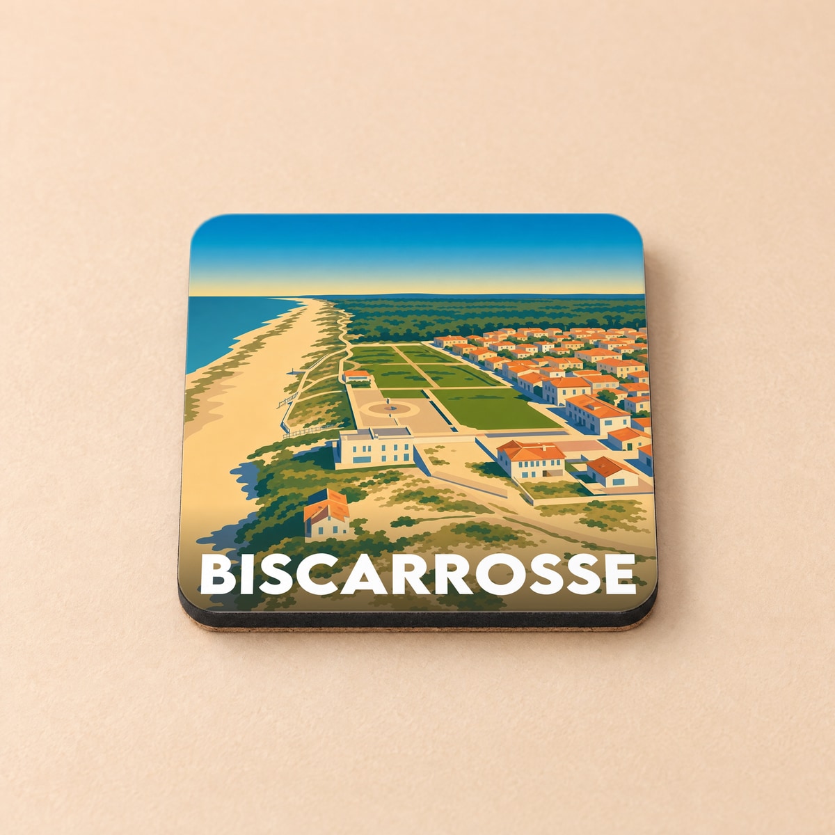 Dessous de verre souvenir de la ville de Biscarrosse avec une illustration stylisée du bord de mer.