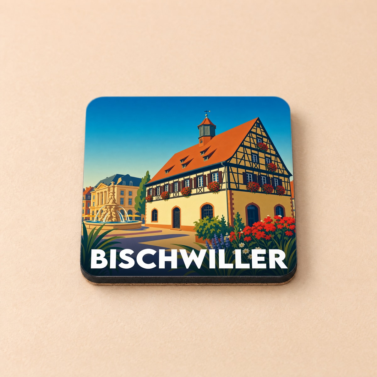 Dessous de verre souvenir de la ville de Bischwiller avec une illustration stylisée.
