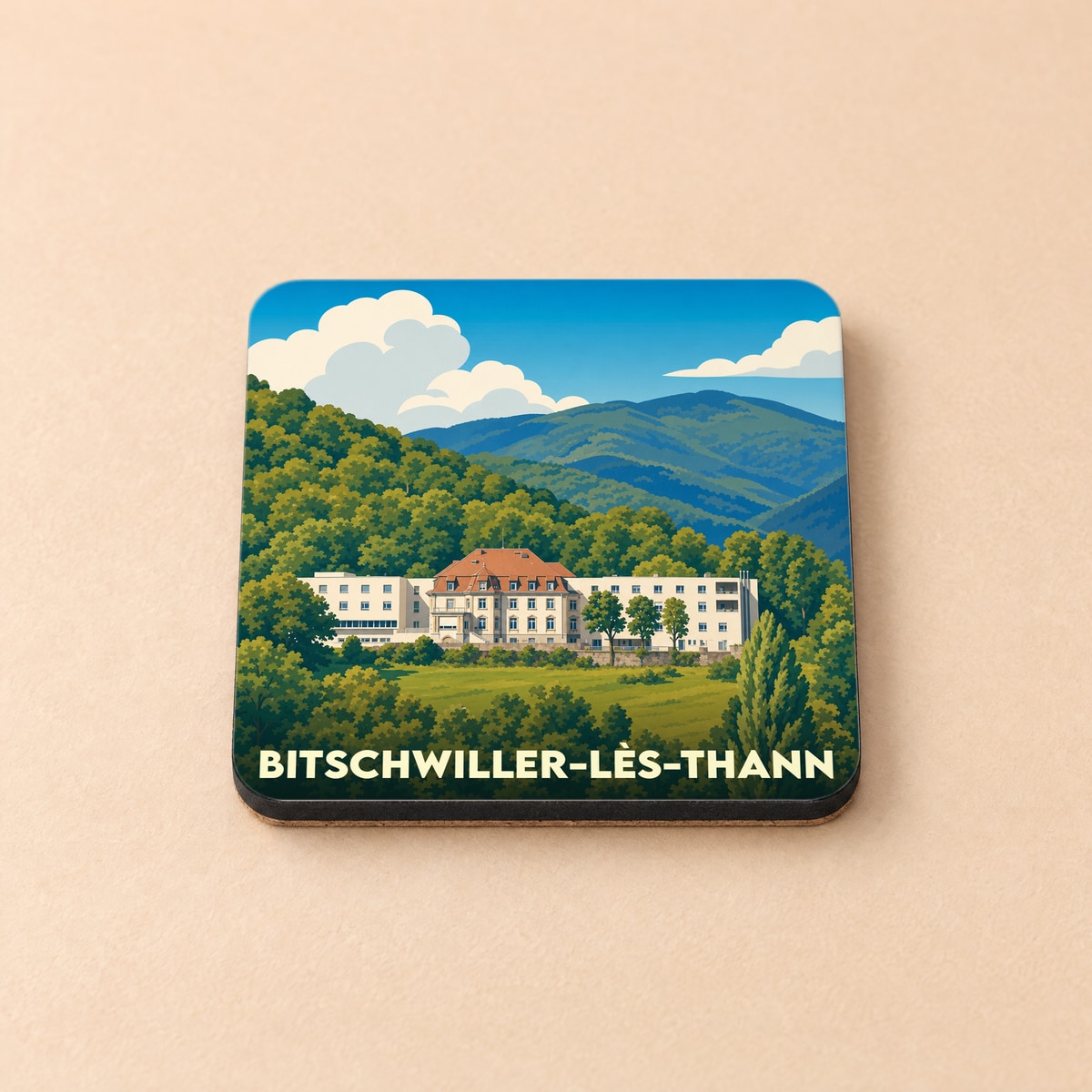 Dessous de verre souvenir de la ville de Bitschwiller-lès-Thann avec une illustration stylisée de son paysage montagneux.