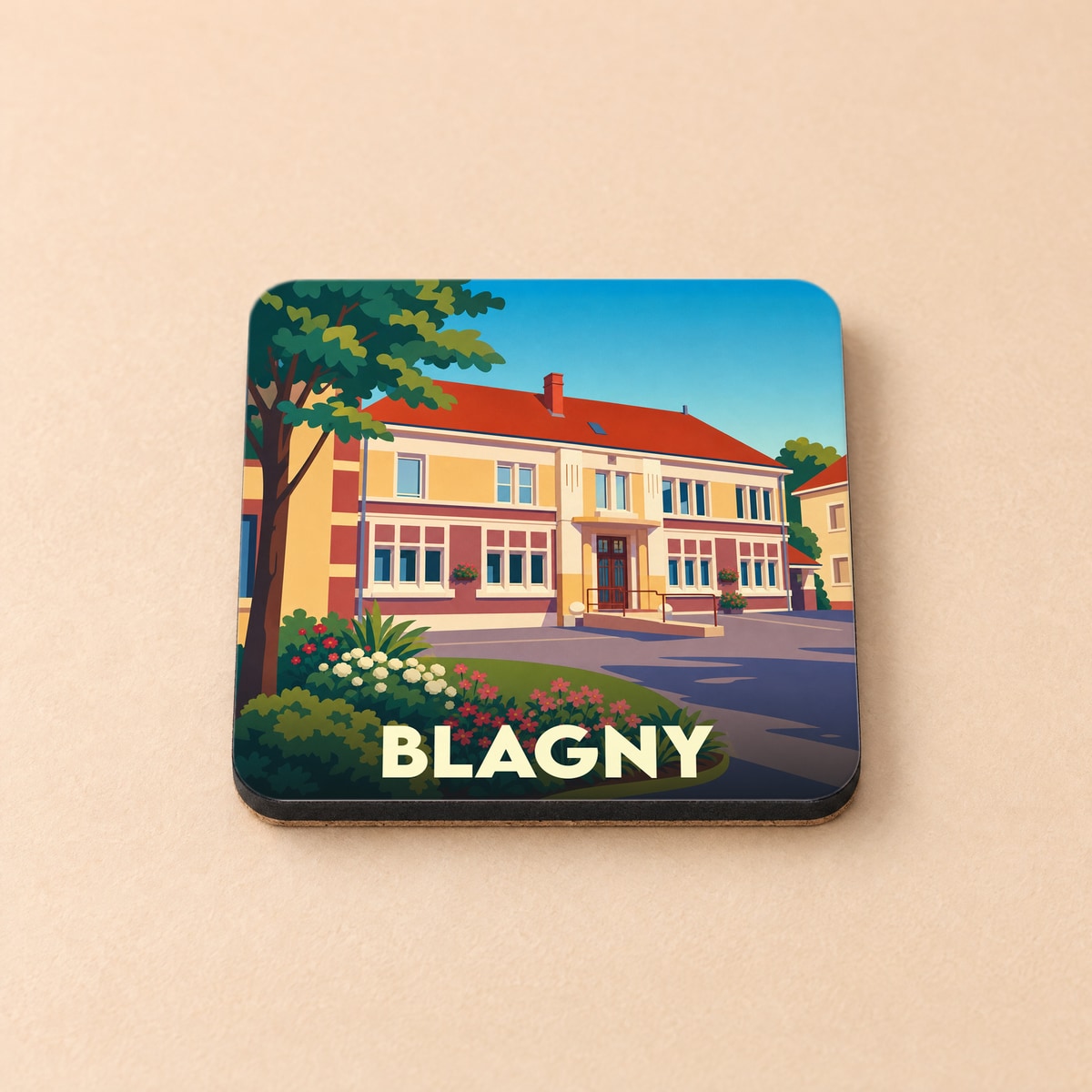 Dessous de verre souvenir de la ville de Blagny avec une illustration stylisée d'un bâtiment local.