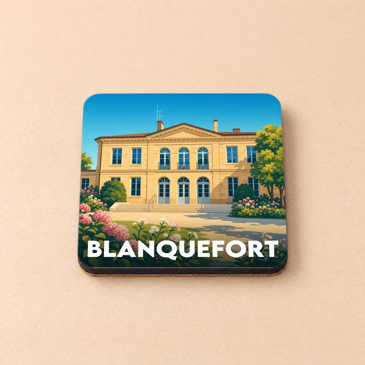 Dessous de verre souvenir de la ville de Blanquefort avec une illustration stylisée de son patrimoine.